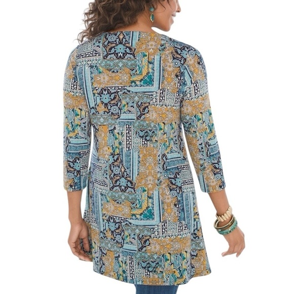Chico’s Patchwork Tunic Top Boho Abstract Floral Cutout Scoop Neck Size 0 Small - Picture 2 of 10
